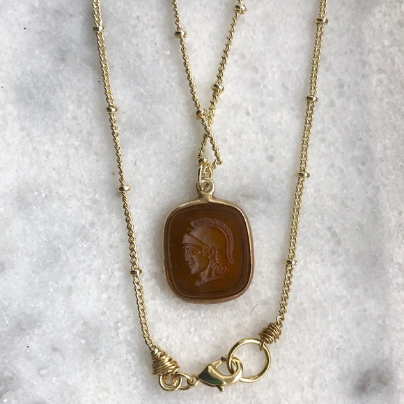 Smoky Quartz Roman Soldier Cameo Gold Necklace - Picture 5 of 9